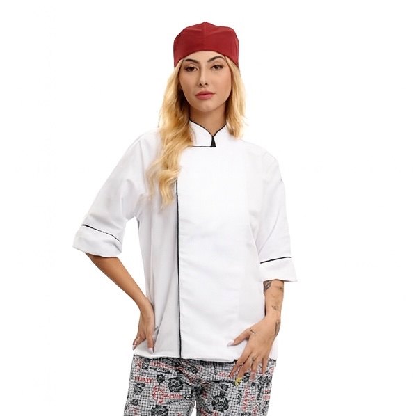 Filipina de chef antifluido 0054, blanca con vivo negro, manga tres cuartos